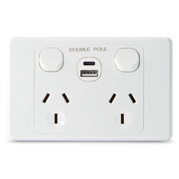 Double 10Amp Powerpoint / GPO Outlet - WITH DOUBLE TYPE A+C USB - DOUBLE POLE