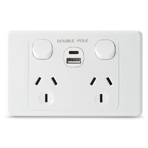 Double 10Amp Powerpoint / GPO Outlet - WITH DOUBLE TYPE A+C USB - DOUBLE POLE