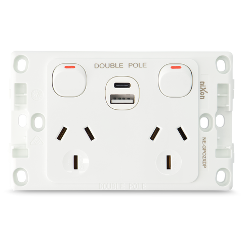 Double 10Amp Powerpoint / GPO Outlet - WITH DOUBLE TYPE A+C USB - DOUBLE POLE