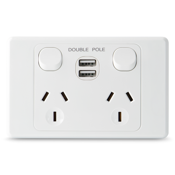 Double 10Amp Powerpoint / GPO Outlet - WITH DOUBLE TYPE A USB - DOUBLE POLE