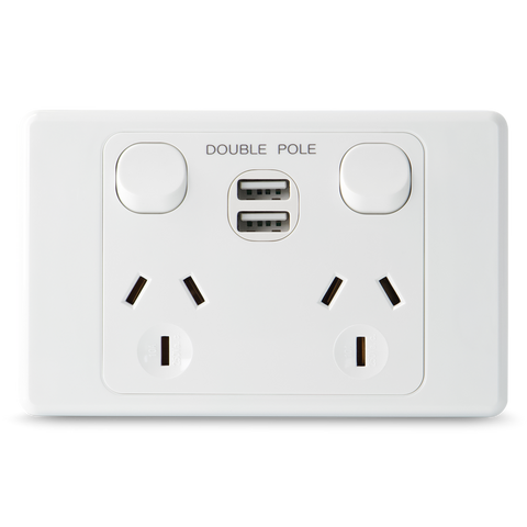 Double 10Amp Powerpoint / GPO Outlet - WITH DOUBLE TYPE A USB - DOUBLE POLE