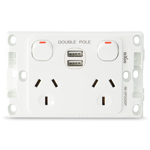 Double 10Amp Powerpoint / GPO Outlet - WITH DOUBLE TYPE A USB - DOUBLE POLE