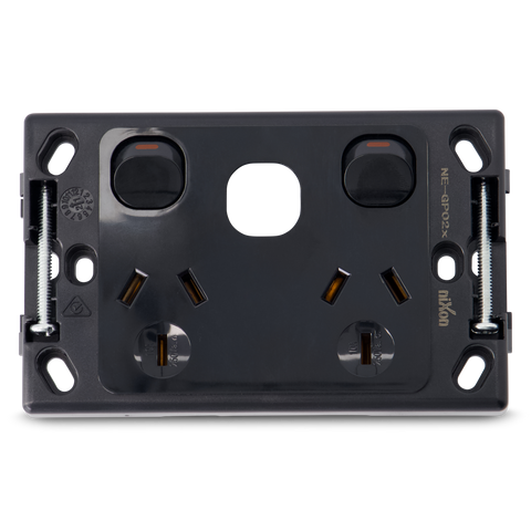 Double 10Amp Powerpoint / GPO Outlet with Provision for extra Switch - Black