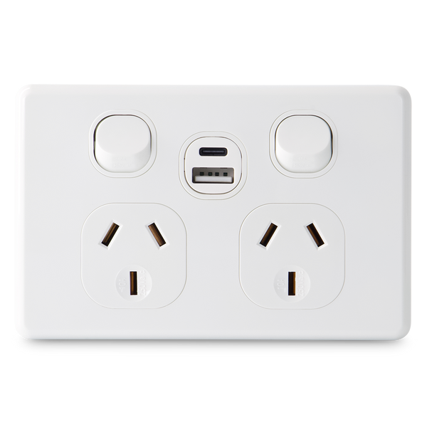 Classic Double 10Amp Powerpoint with Double Type A+C Powered USB 2.1AMP