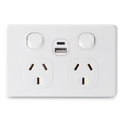 Classic Double 10Amp Powerpoint with Double Type A+C Powered USB 2.1AMP