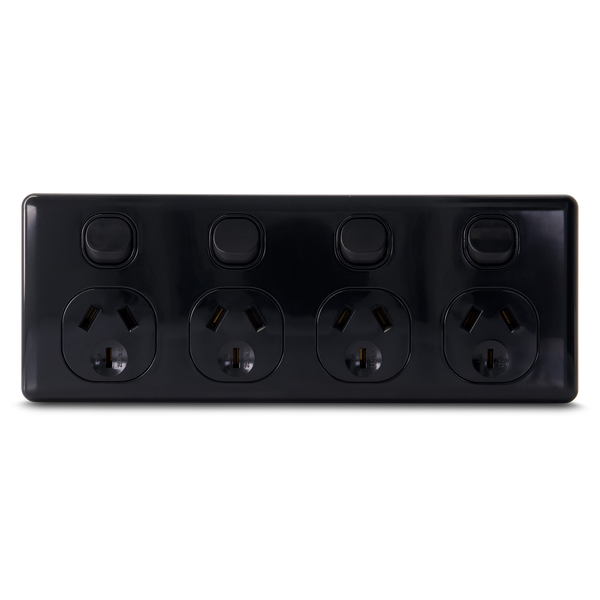 QUAD 10Amp Powerpoint / GPO Outlet - Double Pole - BLACK