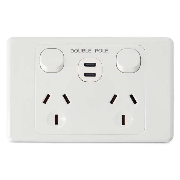 Double 10Amp Powerpoint / GPO Outlet - WITH DOUBLE TYPE C USB - DOUBLE POLE