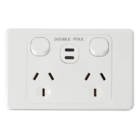 Double 10Amp Powerpoint / GPO Outlet - WITH DOUBLE TYPE C USB - DOUBLE POLE