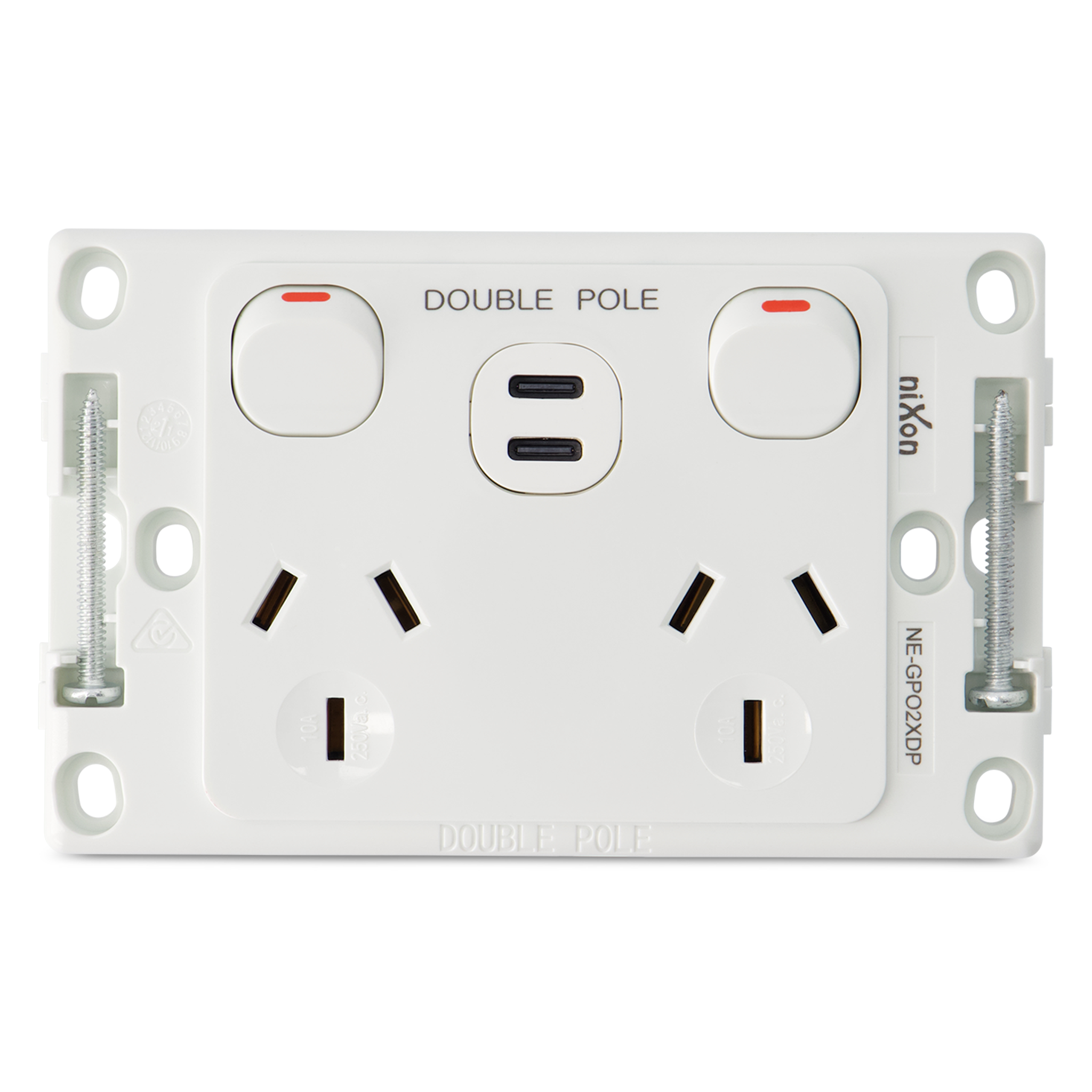 Double 10Amp Powerpoint / GPO Outlet - WITH DOUBLE TYPE C USB - DOUBLE ...