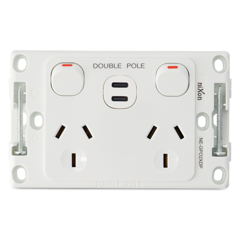 Double 10Amp Powerpoint / GPO Outlet - WITH DOUBLE TYPE C USB - DOUBLE POLE