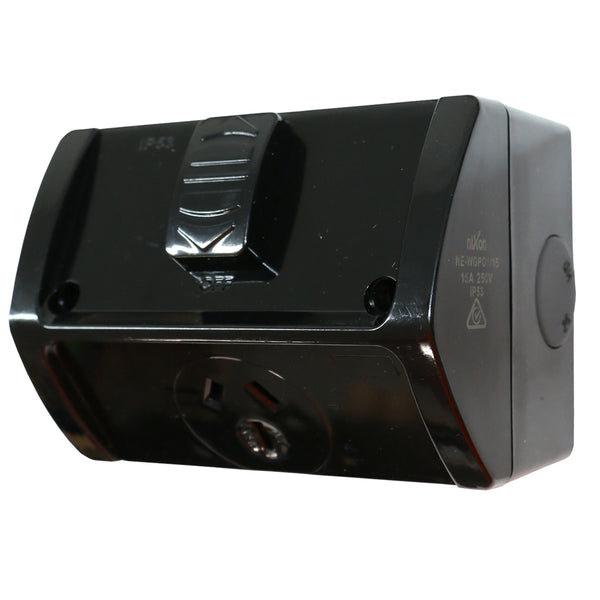 15AMP - Single Weatherproof Outlet - IP53 - BLACK