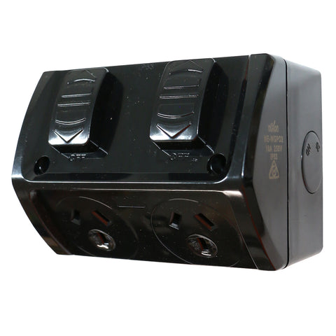 10AMP - Double Weatherproof Outlet - IP53 - BLACK