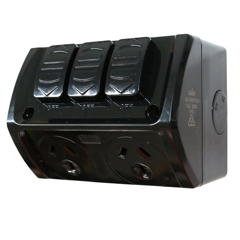 10AMP - Double Weatherproof Outlet with extra Switch - IP53 - BLACK