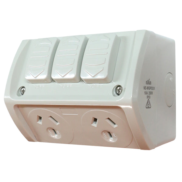 10AMP - Double Weatherproof Outlet with extra Switch - IP53