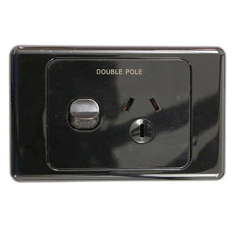 Single 10Amp Powerpoint / GPO Outlet - DOUBLE POLE - Black