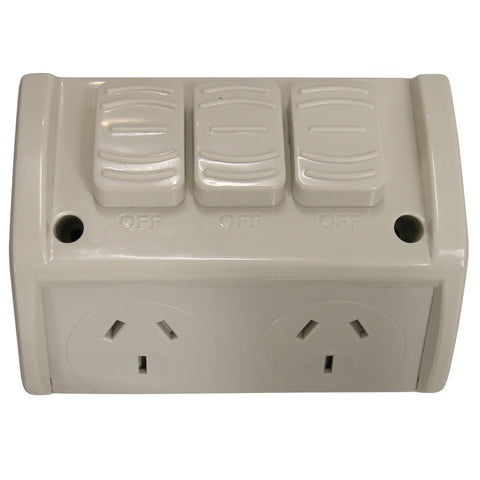 10AMP - Double Weatherproof Outlet with extra Switch - IP53