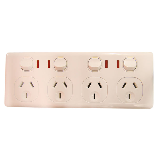 QUAD 10Amp Powerpoint / GPO Outlet - Double Pole - WHITE - With Neons